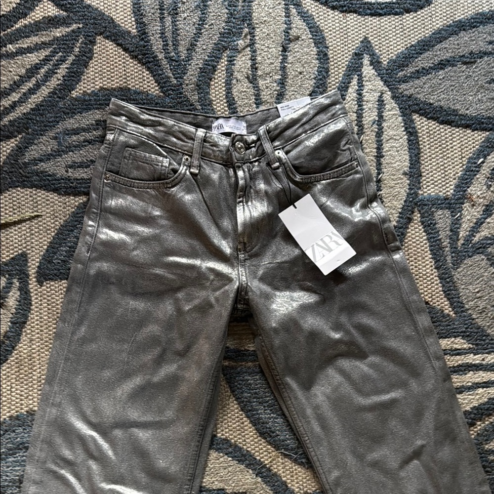 NWT Zara Silver Metallic wide leg Jeans size 0 - Picture 7 of 8